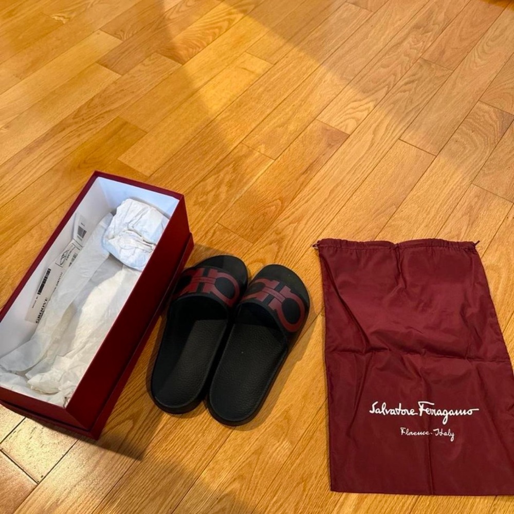 Salvatore Ferragamo Black and Burgundy Slides